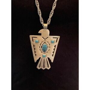Vintage Bell Trading Post Thunderbird Necklace Nickel Silver Turquoise Pendant